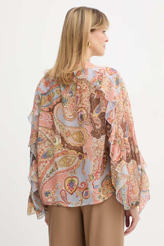 Oblečenie Guess blúzka s volánom dámska PAISLEY W6PH0G.WP691 oranžová