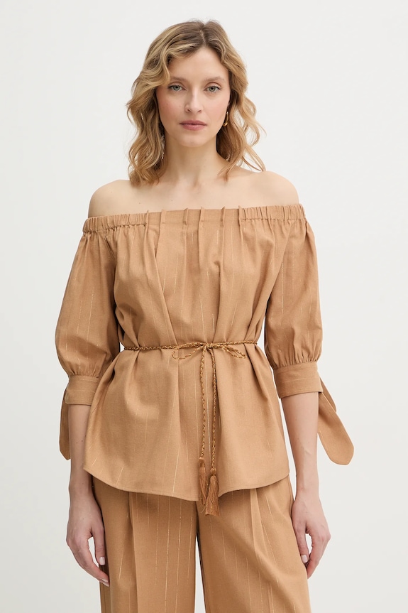 Μπλούζα με μείγμα από λινό Twinset casual καφέ 261LB2QGG