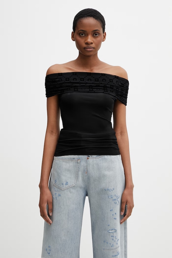 Marine Serre Off Shoulder Drapped Top camicetta da donna con viscosa liscia nero WTO509ACJER0022