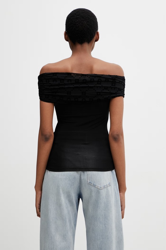 Abbigliamento Marine Serre Off Shoulder Drapped Top camicetta da donna con viscosa liscia WTO509ACJER0022 nero