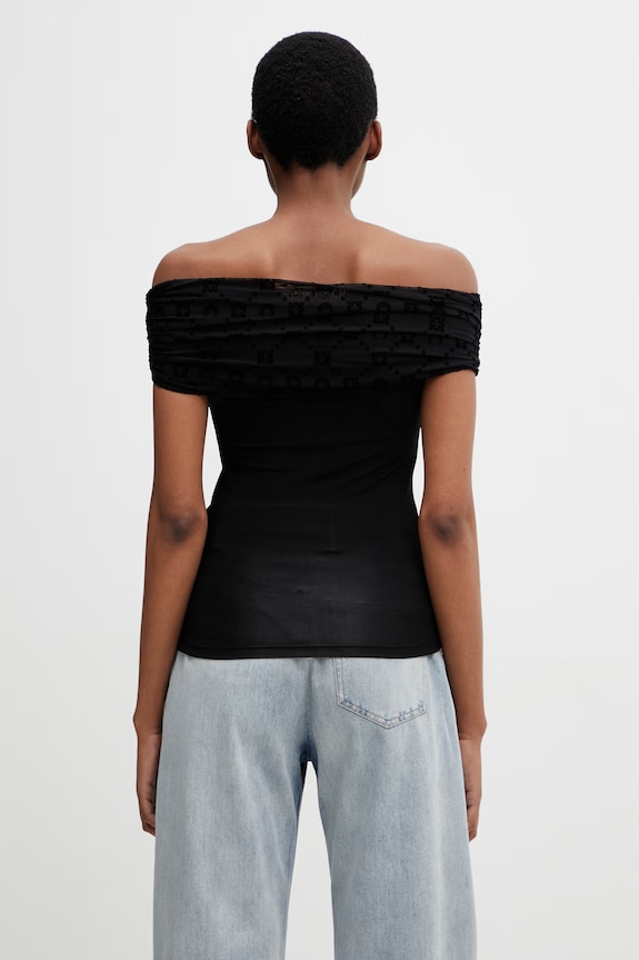 Abbigliamento Marine Serre Off Shoulder Drapped Top camicetta da donna con viscosa liscia WTO509ACJER0022 nero