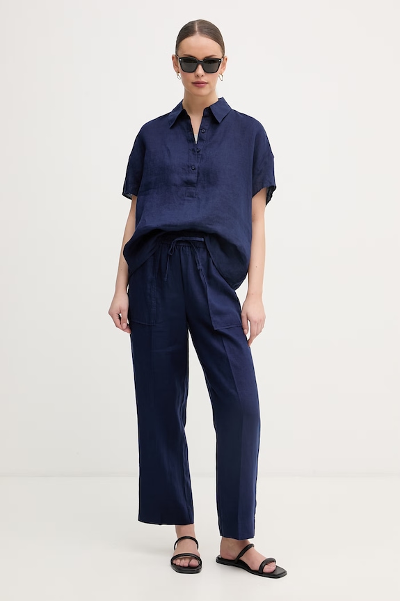 United Colors of Benetton blúzka dámska ľanová 5BMLDQ0D2 tmavomodrá SS26