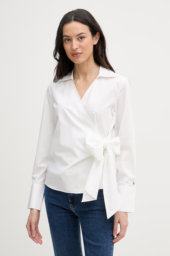 Tommy Hilfiger bluzka kopertowa damska bawełniana beżowy WW0WW49650