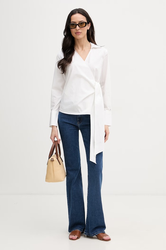 Tommy Hilfiger bluzka kopertowa damska bawełniana WW0WW49650 beżowy SS26