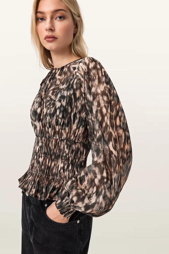 AllSaints bluză cu mătase CERN maro W004PE