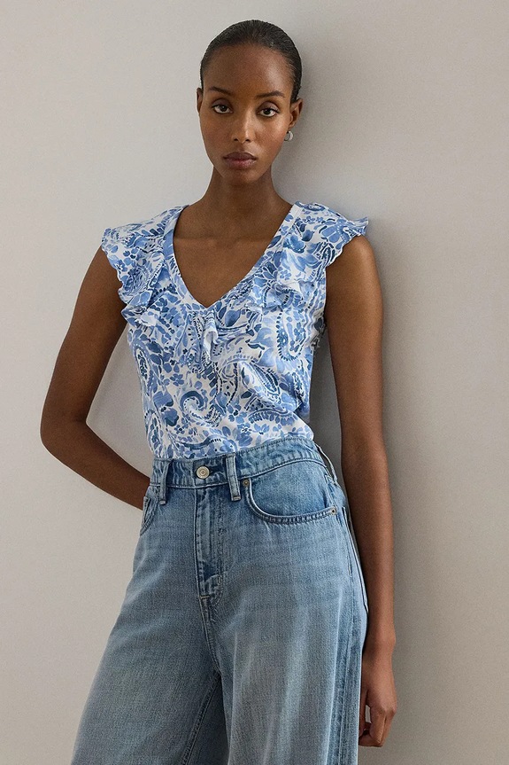 Lauren Ralph Lauren bluză cu volane pentru femei, din bumbac albastru 200P13316