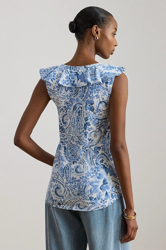 Lauren Ralph Lauren bluză cu volane pentru femei, din bumbac 200P13316 albastru SS26