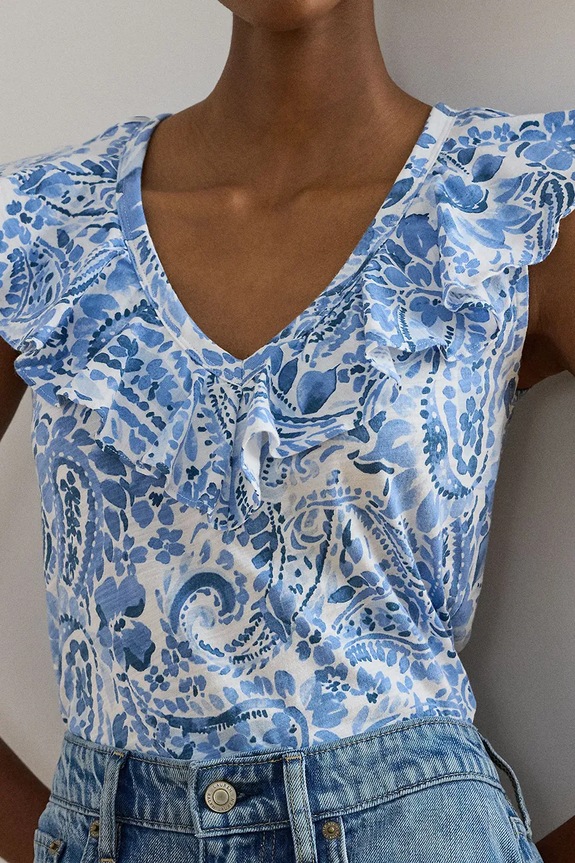 Lauren Ralph Lauren bluză cu volane pentru femei, din bumbac albastru 200P13316