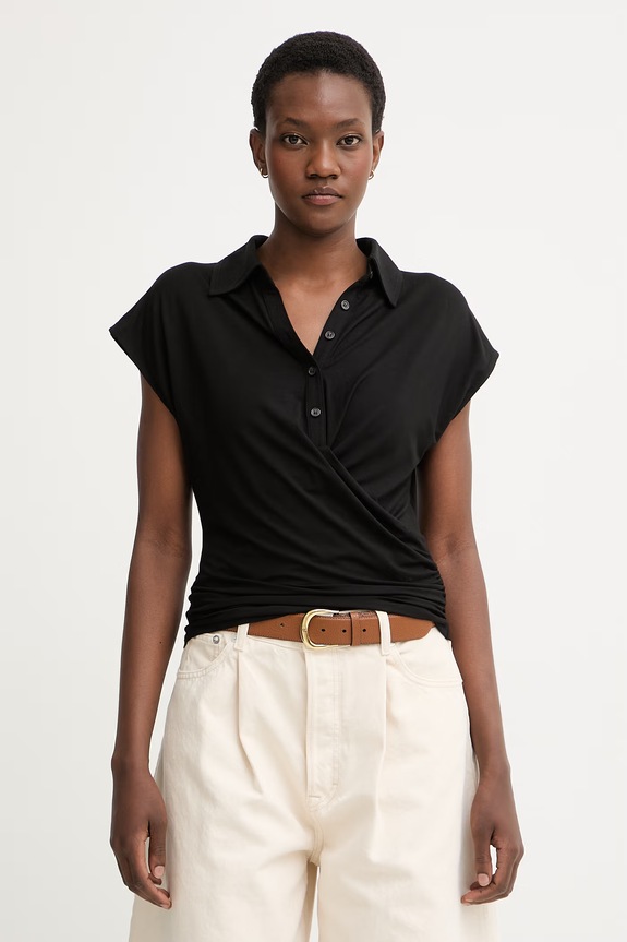 Sisley polo majica za žene od viskoze crna 3N9AL3002