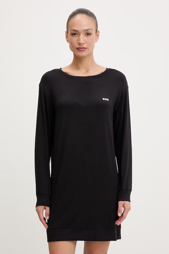BOSS Nočná košieľka dámska z viskózy Element Nightie LS čierna 50557066