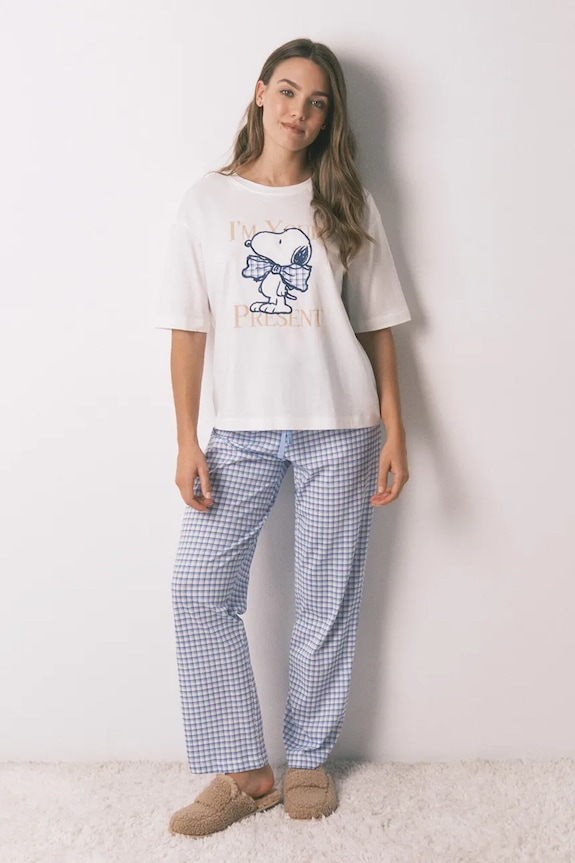 women'secret komplet piżamowy bawełniany SNOOPY dzianina beżowy 3132234