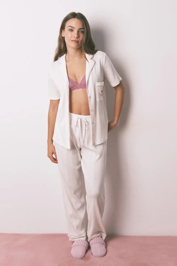 women'secret komplet piżamowy z bawełną dzianina beżowy 3132250