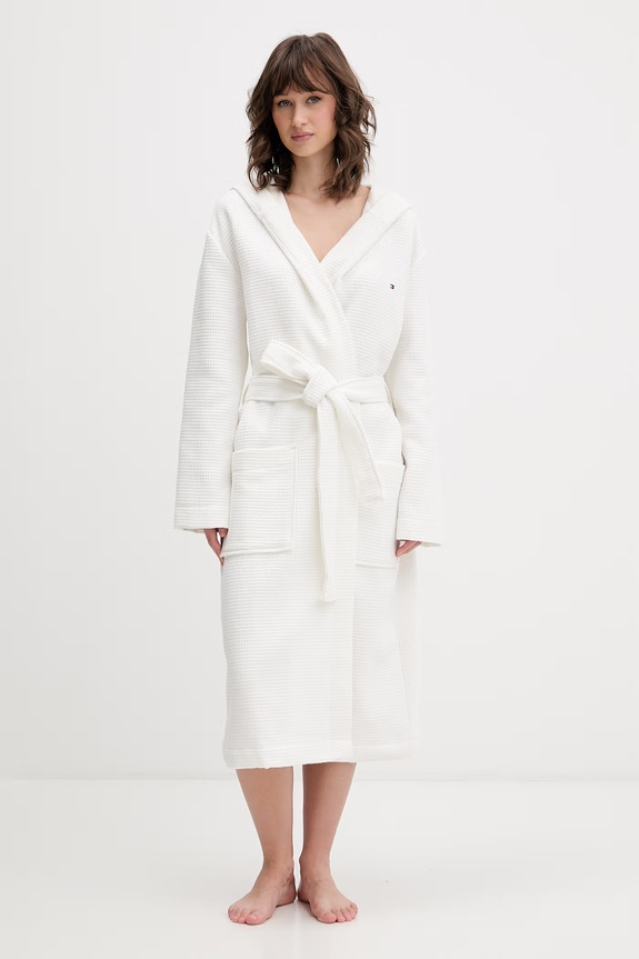 Tommy Hilfiger μπουρνούζι με κουκούλα γυναικείο βαμβακερό μπεζ UW0UW06322