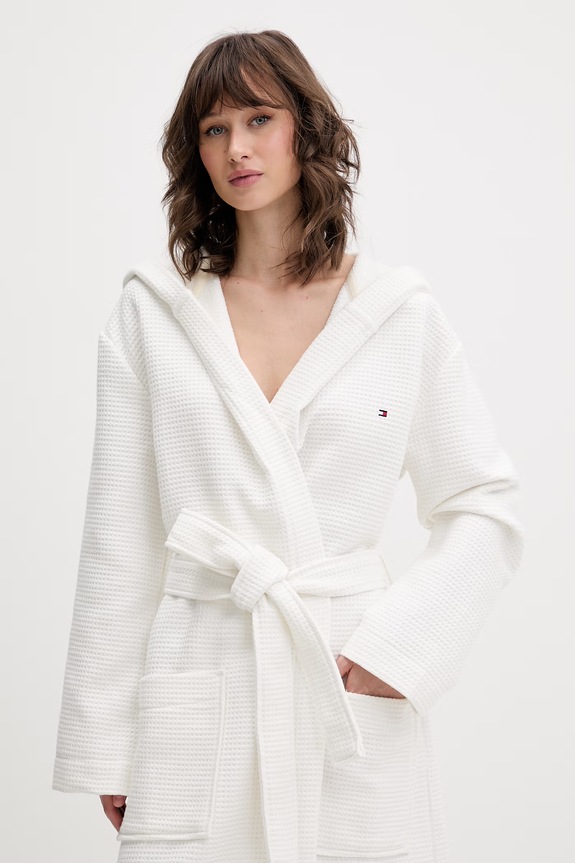 Ρούχα Tommy Hilfiger μπουρνούζι με κουκούλα γυναικείο βαμβακερό UW0UW06322 μπεζ