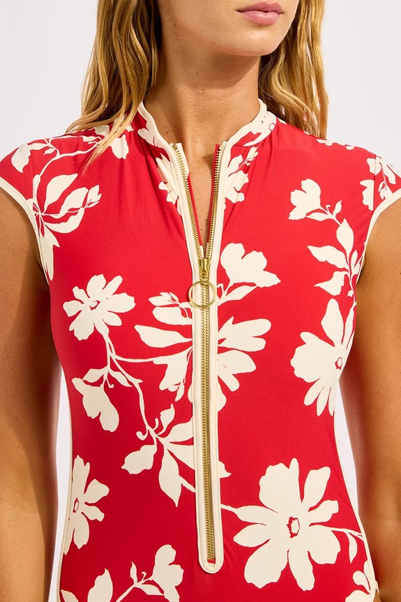 Seafolly jednodielne plavky dámske Cap Sleeve Zip Front červená 60290.299