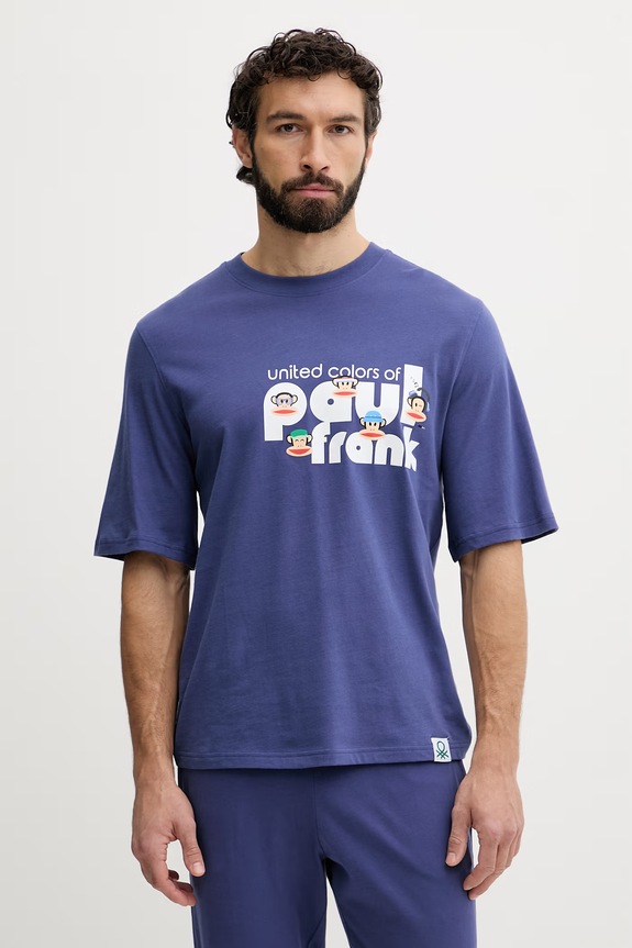 United Colors of Benetton Gornji dio pidžame za muškarce od pamuka mornarsko plava 3VR54M02A