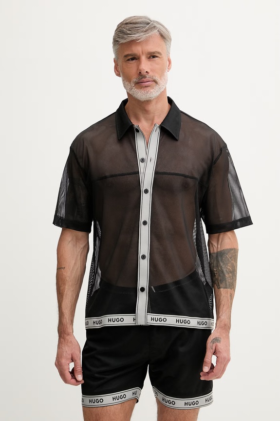 HUGO plážová košeľa pánska LITE_BEACH SHIRT čierna 50561142