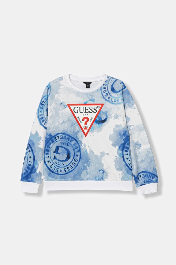 Детски памучен суичър Guess надпис син L6GQ00.KA6R4.PPY2.M