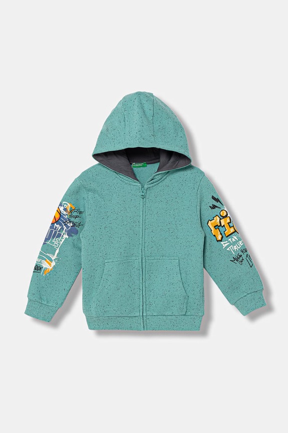United Colors of Benetton hanorac cu fermoar și glugă pentru copii, din bumbac turcoaz 3PLGG504E.P.Stagionale