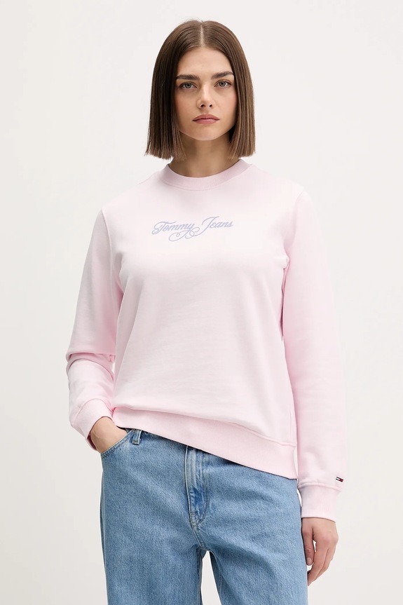 Βαμβακερή μπλούζα Tommy Jeans χωρίς κουκούλα ροζ DW0DW21922