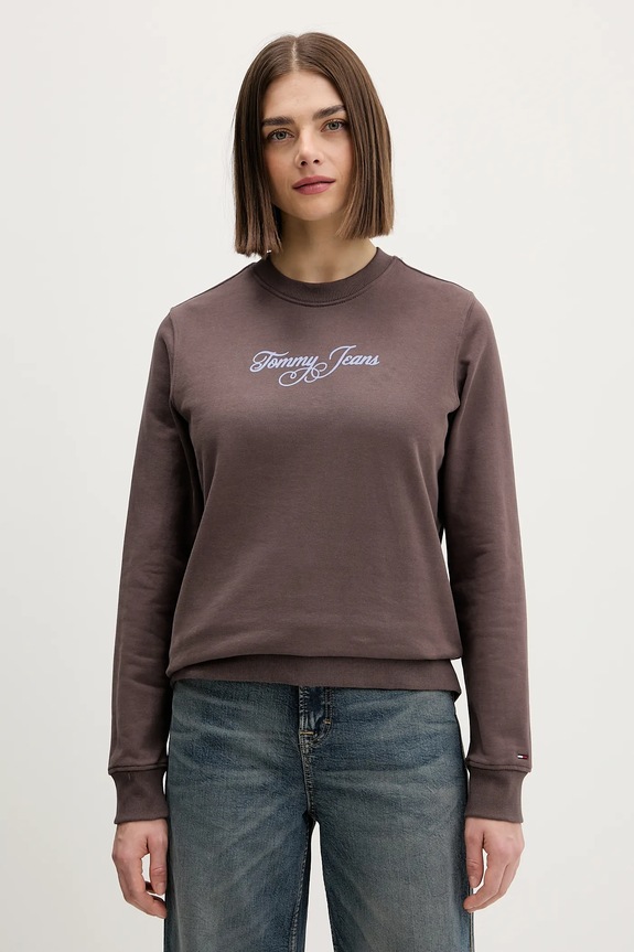 Βαμβακερή μπλούζα Tommy Jeans χωρίς κουκούλα καφέ DW0DW21922