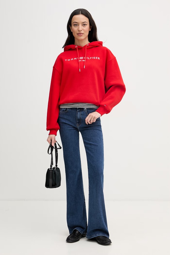 Tommy Hilfiger hanorac cu glugă feminin cu bumbac WW0WW47832 rosu SS26