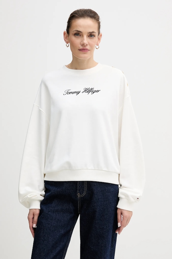 Βαμβακερή μπλούζα Tommy Hilfiger χωρίς κουκούλα λευκό WW0WW48783