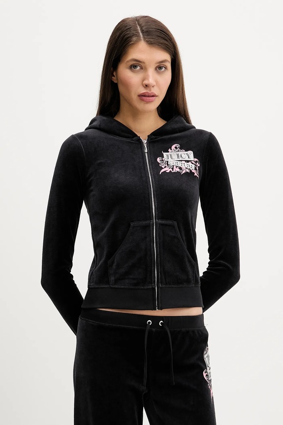 Velúrová mikina Juicy Couture Wrap You Up s kapucňou čierna JCNAS126451
