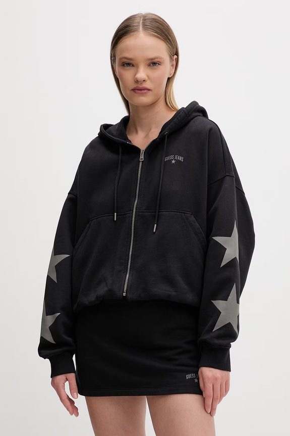 Guess Jeans hanorac cu fermoar și glugă pentru femei, din bumbac negru W6GQ06.K68I4