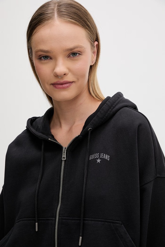 Guess Jeans hanorac cu fermoar și glugă pentru femei, din bumbac negru W6GQ06.K68I4
