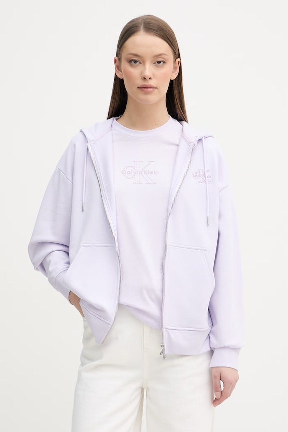 Calvin Klein Jeans mikina na zips s kapucňou dámska bavlnená fialová LV047F205G