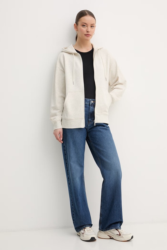 Calvin Klein Jeans mikina na zips s kapucňou dámska bavlnená LV047F205G béžová SS26