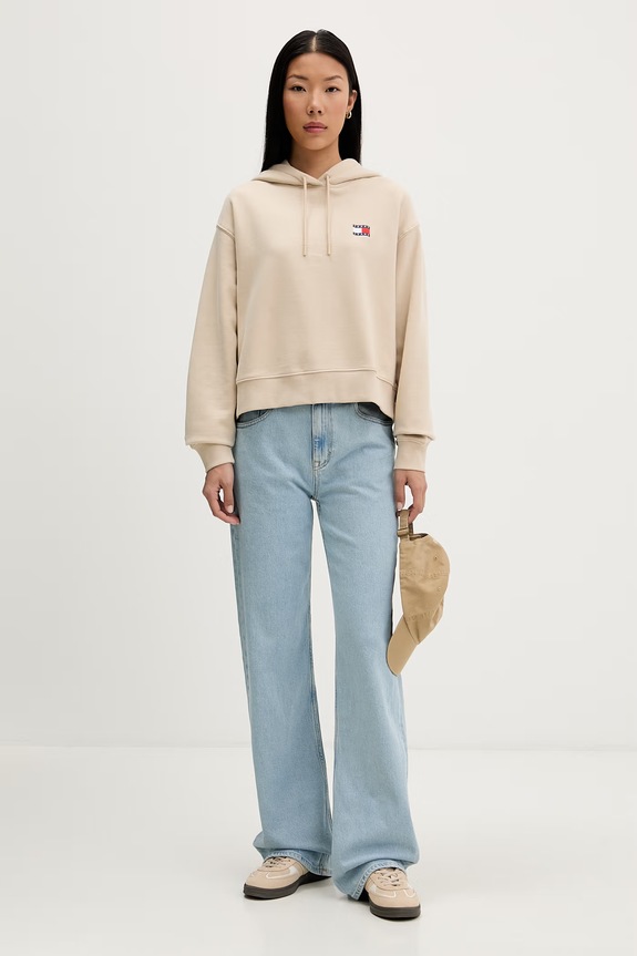 Tommy Jeans μπλούζα με κουκούλα γυναικεία βαμβακερή DW0DW22357 μπεζ SS26
