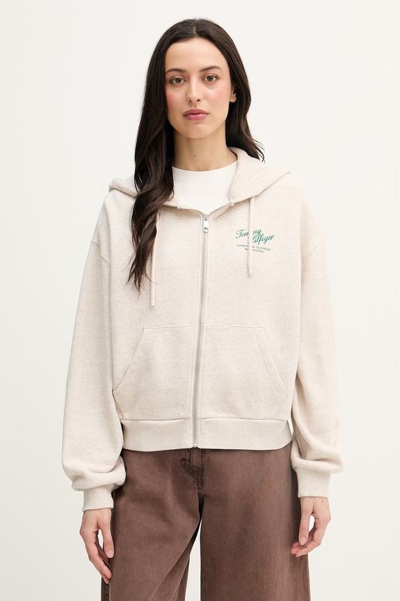 Tommy Hilfiger mikina na zips dámska bavlnená béžová WW0WW47845