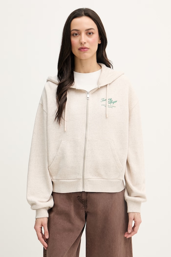 Tommy Hilfiger mikina na zips dámska bavlnená béžová WW0WW47845