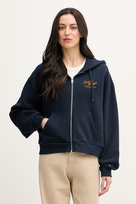 Tommy Hilfiger mikina na zips dámska bavlnená tmavomodrá WW0WW47845