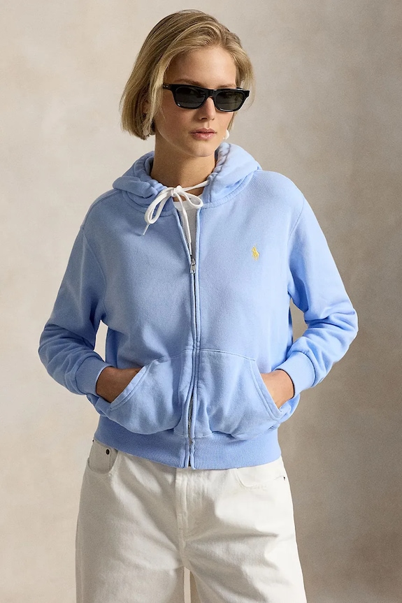 Polo Ralph Lauren mikina na zips s kapucňou dámska bavlnená ISLAND FLC-KNT-SWEATSHIRT modrá 211971693503