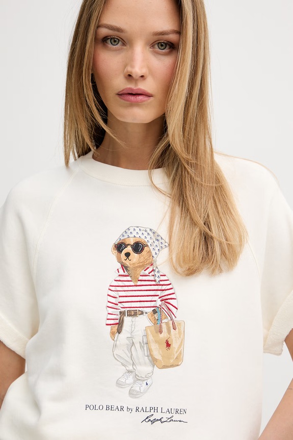 Polo Ralph Lauren ISLAND FLEECE-KNT-SWEATSHIRT t-shirt βαμβακερό γυναικείο μπεζ 211B20069001