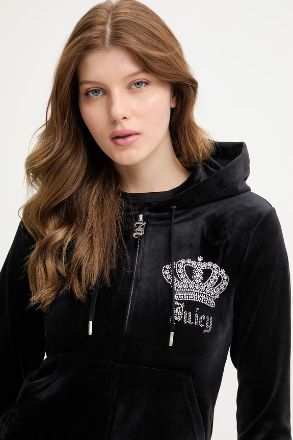 Juicy Couture hanorac cu glugă de damă din velur GOTHIC CROWN negru JCBAS126805