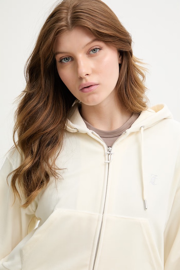Juicy Couture hanorac cu glugă de damă din velur ICCLE HOODIE bej JCWAS126304