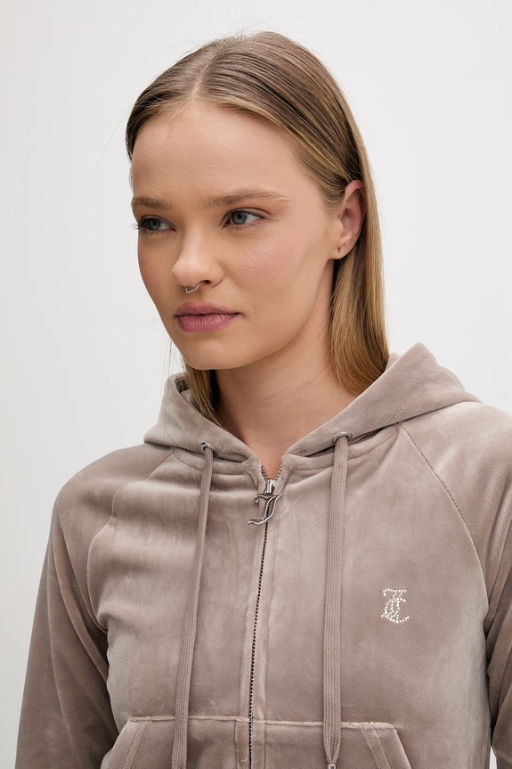 Juicy Couture bluza z kapturem damska welurowa MADISON COL OUT brązowy JCWAS126326