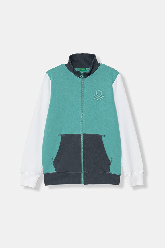 United Colors of Benetton mikina na zips s kapucňou detská bavlnená tyrkysová 3J68C501B.G.Stagionale