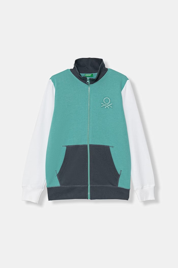 United Colors of Benetton mikina na zips s kapucňou detská bavlnená tyrkysová 3J68C501B.G.Stagionale