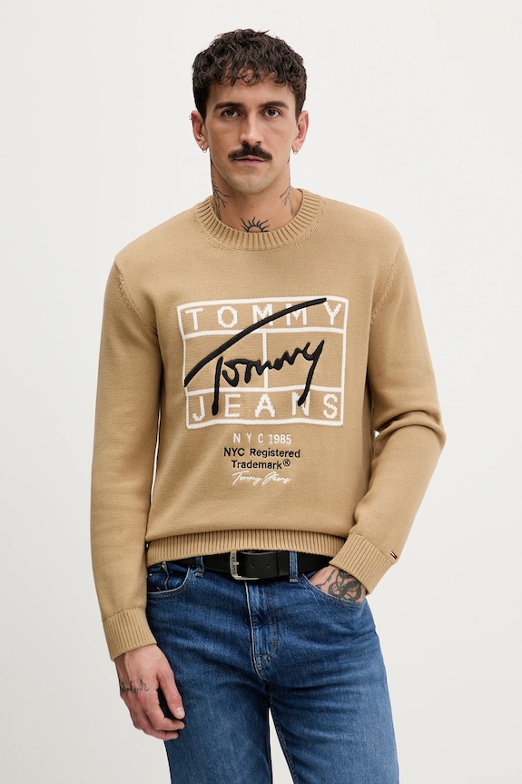 Tommy Jeans pulover de bumbac grosime medie bej DM0DM22401