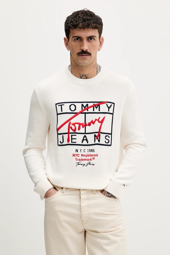 Bombažen pulover Tommy Jeans Srednje debeline bež DM0DM22401