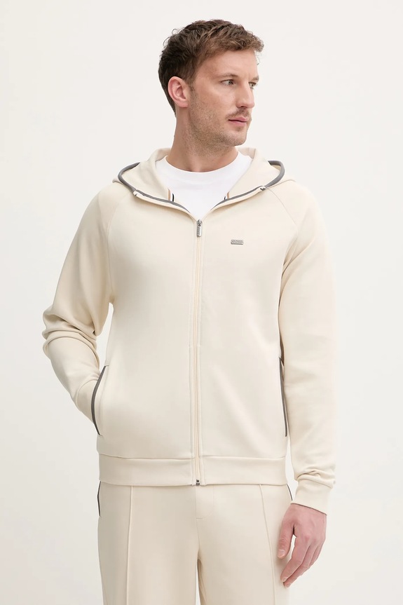 BOSS mikina na zips s kapucňou pánska Sense Hooded Jacket s elastanom béžová 50557206