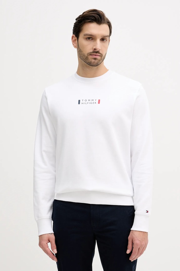 Bavlněná mikina Tommy Hilfiger bez kapuce bílá MW0MW41428