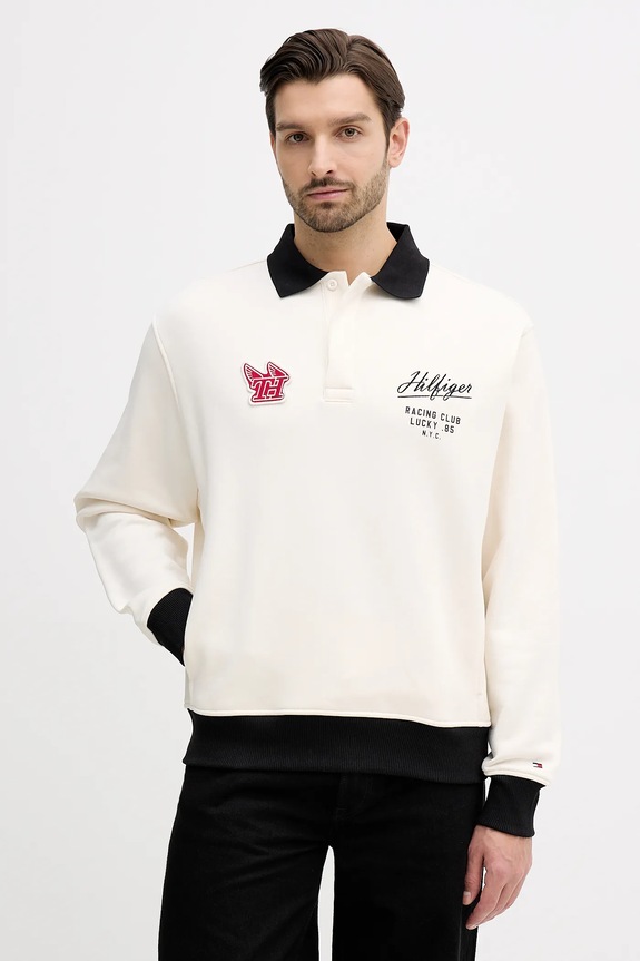 Βαμβακερή μπλούζα Tommy Hilfiger χωρίς κουκούλα μπεζ MW0MW41957