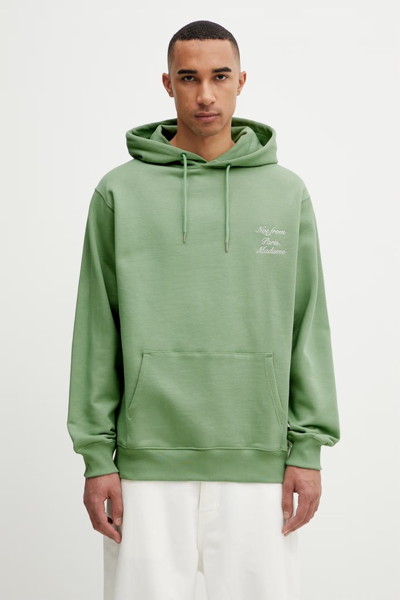 Oblačila Drôle de Monsieur pulover s kapuco moški bombažen Le Hoodie Slogan Calligraphy K.HO168.CO127.LGN zelena