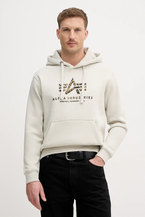 Pulover Alpha Industries Basic Hoodie BL Effect Print S kapuco bež 178312EP